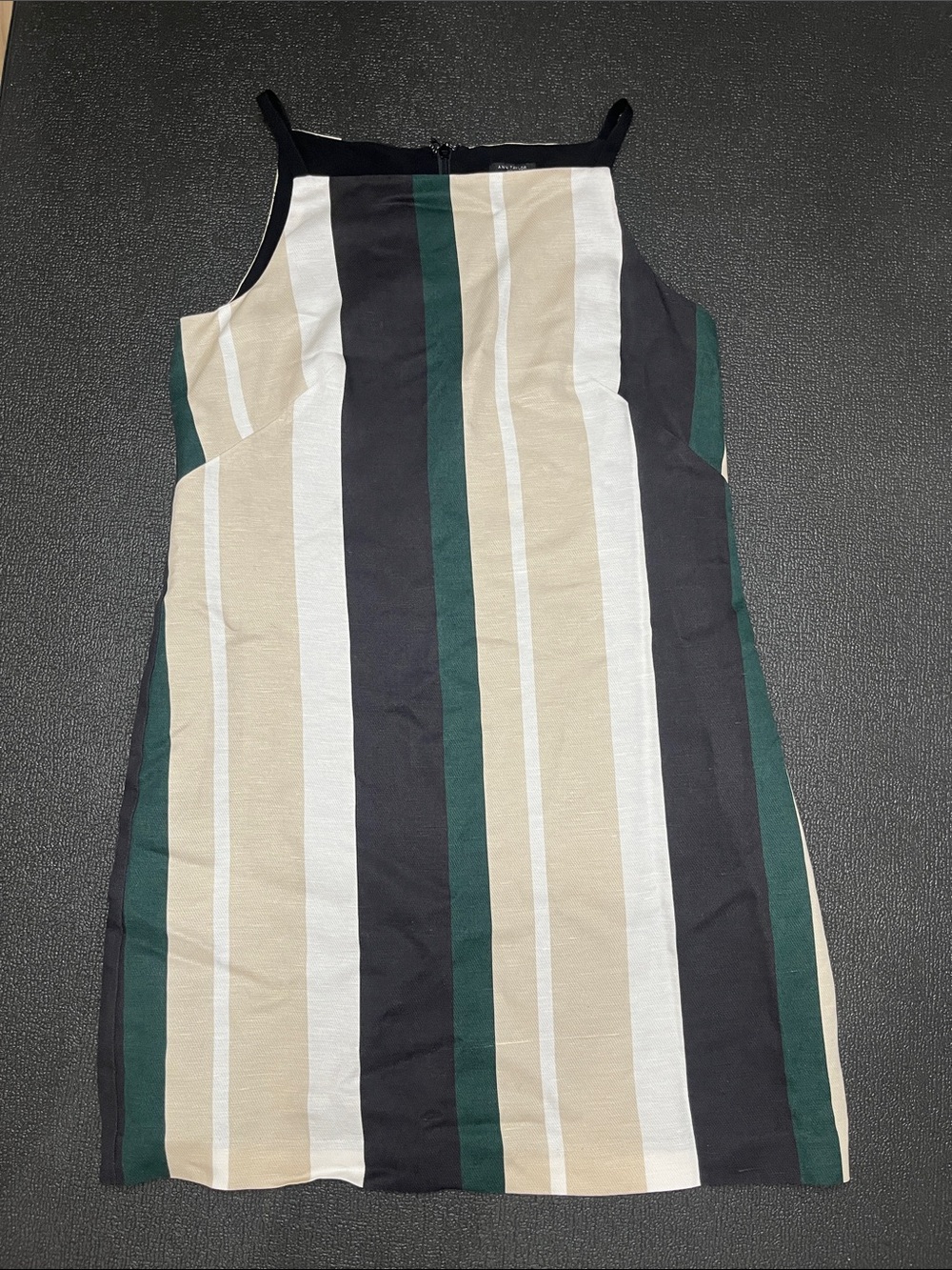 Striped Sleeveless Shift Dress in Black, Cream & Forest Green